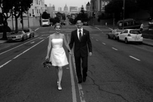 Bride and Groom wedding photo in street san francisco Black and white