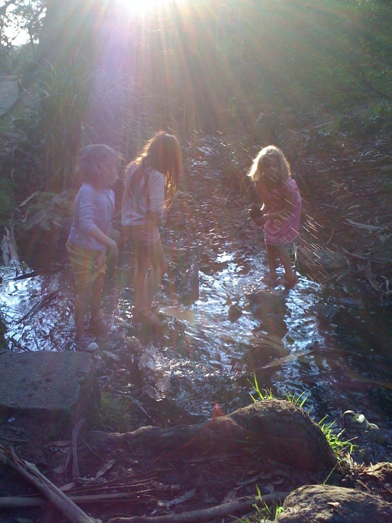 art photo of children playing in creek with lens flare, Piedmont CA