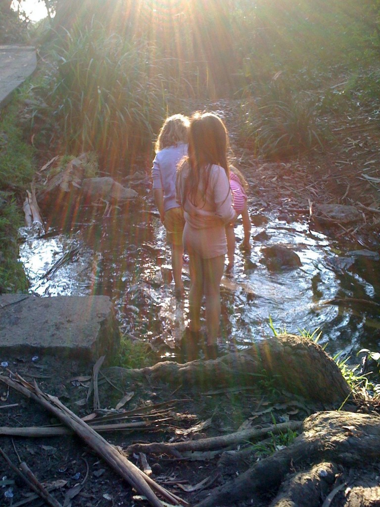 art photo of children playing in creek with lens flare, Piedmont Park, Piedmont, CA