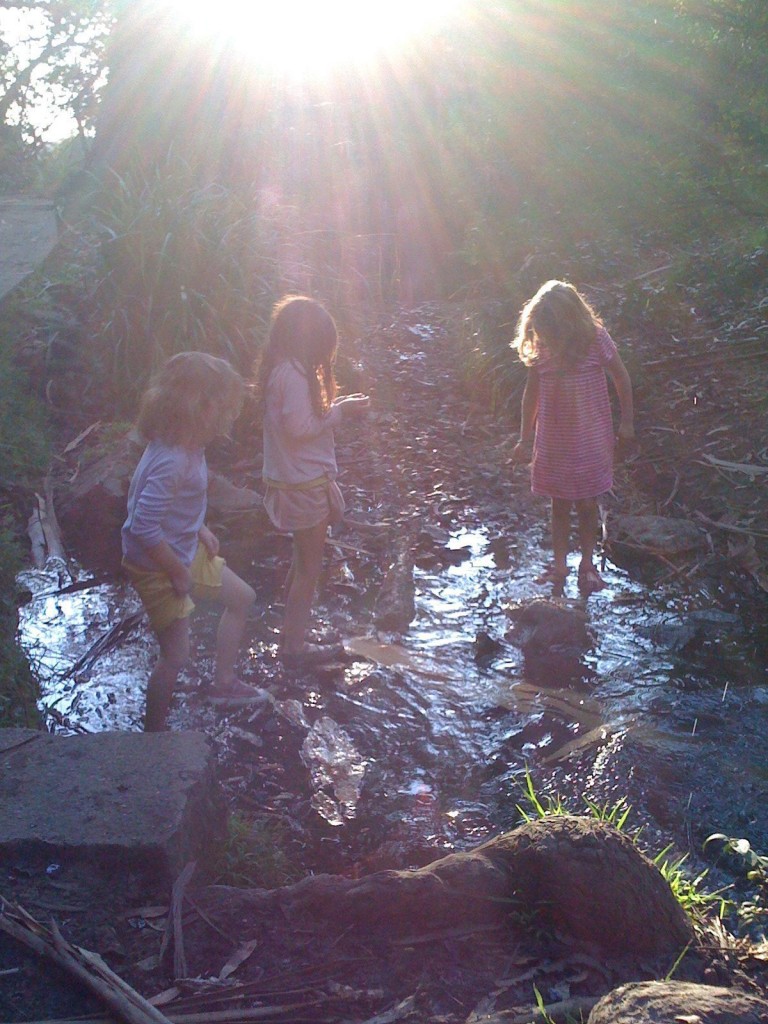 art photo of children playing in creek with lens flare