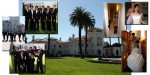 Groomsmen on lawn of Dolce Hayes Mansion in San Jose and bride getting ready
