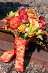 Bouquet on railroad tracks wedding Trentadue Winery, a Sonoma County winery in Alexander Valley