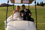 Bride and groom in golf cart wedding ceremony Summitpointe Golf Club in Milpitas