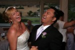 Bride and best man laughing wedding reception Summitpointe Golf Club in Milpitas