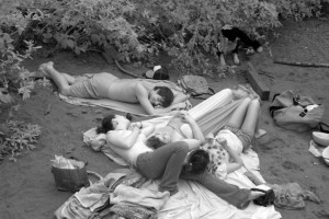 Teenagers in puppy pile. Infrared photography of the Big Sur River on the summer solstice.