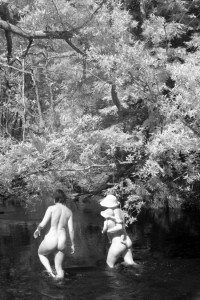 Nude women in river. Infrared photography of the Big Sur River on the summer solstice.