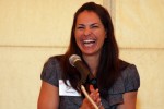 olympic Gold Medal athlete Jessica Mendoza laughing at podium speaking accepting award Girls Inc Alameda County strong smart bold fundraiser scott's seafood oakland, ca