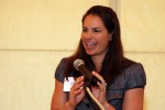 olympic Gold Medal athlete Jessica Mendoza speaking at podium accepting award Girls Inc Alameda County strong smart bold fundraiser scott's seafood oakland, ca