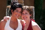 Bride and maid of honor in front of the fountain at the los gatos hotel and spa