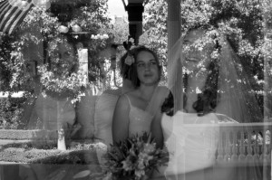 Bride and Bridesmaids through window, black and white. Churchill Manor Napa, CA