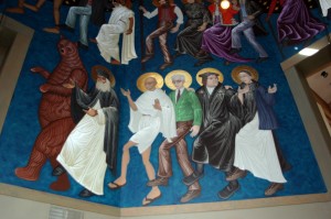 paintinng from the wall of St. Gregory's church in San Francisco showing a dance. 