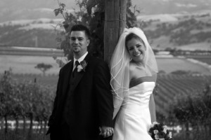 black and white wedding portrait of bride and groom Rios-Lovell Winery in Livermore CA