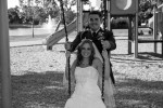 groom pushes bride on swing, playground, wedding formals, heather farms, walnut creek California