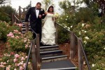 father of bride and bride walk down steps Seascape golf course in Aptos CA. Wedding photo
