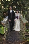 Bride and groom on bridge Flower girl breaks glass Wedding Ceremony Tilden Park Botanical Gardens under redwood trees