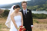 Candid photo of bride and groom at Crystal Springs Golf Course, Burlingame, CA Crystal Springs Reservoir. Asian bride, western groom