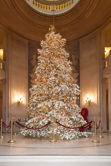 San Francisco City Hall Holiday Tree covered in origami paper cranes. 